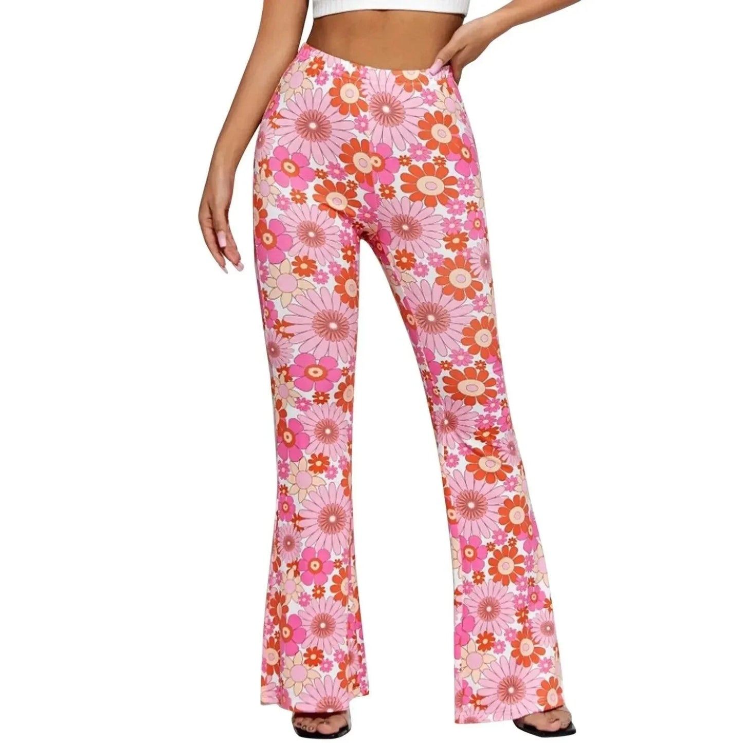 Women's Flared Trousers Stretchy Fabric Floral Print High Waist