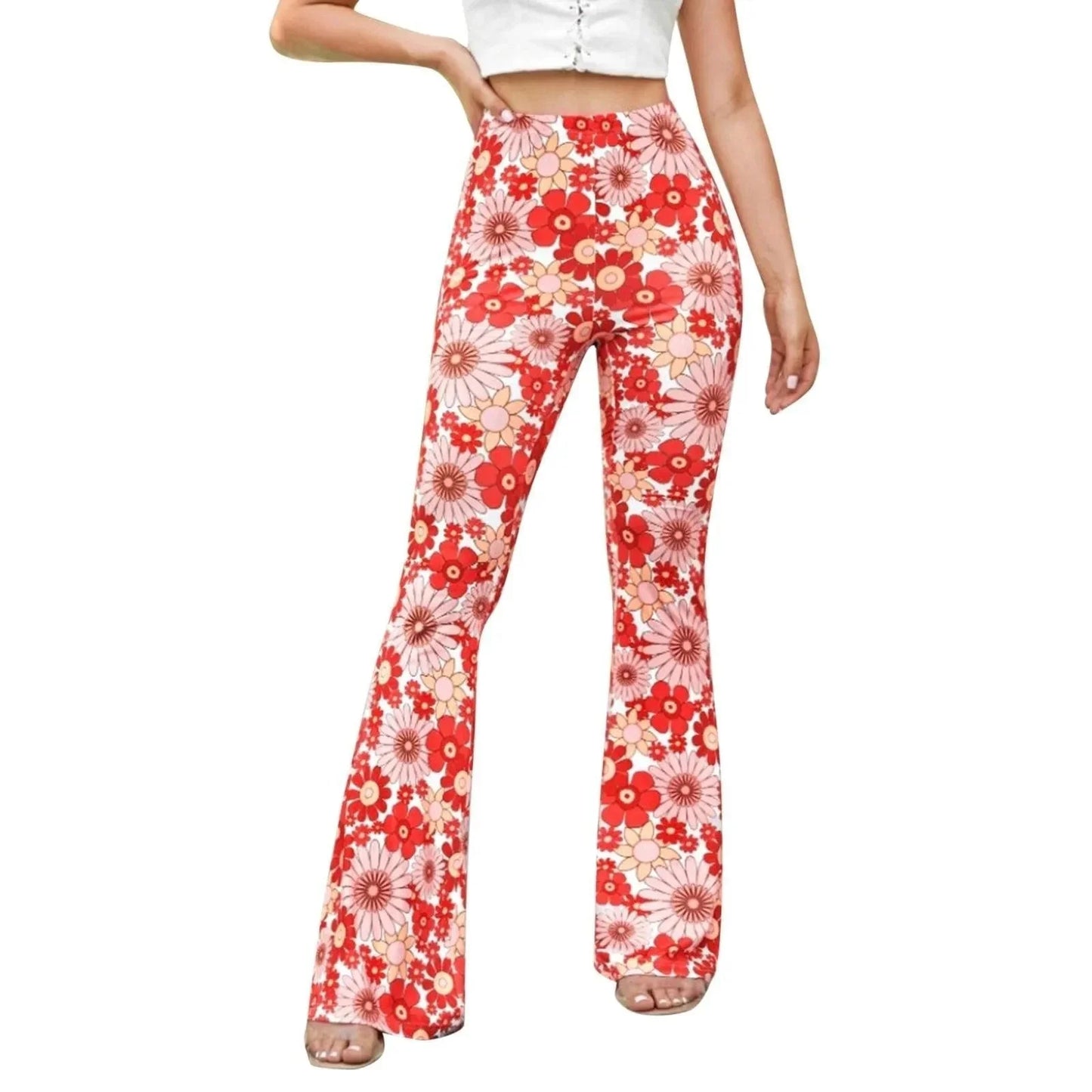 Women's Flared Trousers Stretchy Fabric Floral Print High Waist