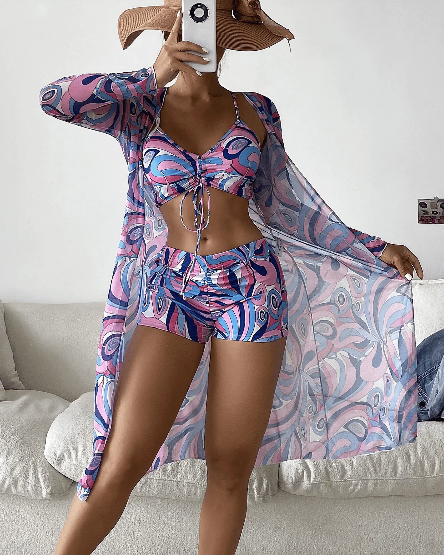Women's Sheer Cardigan Beachwear Set - Ruched Bikini Top & High-Waist Shorts