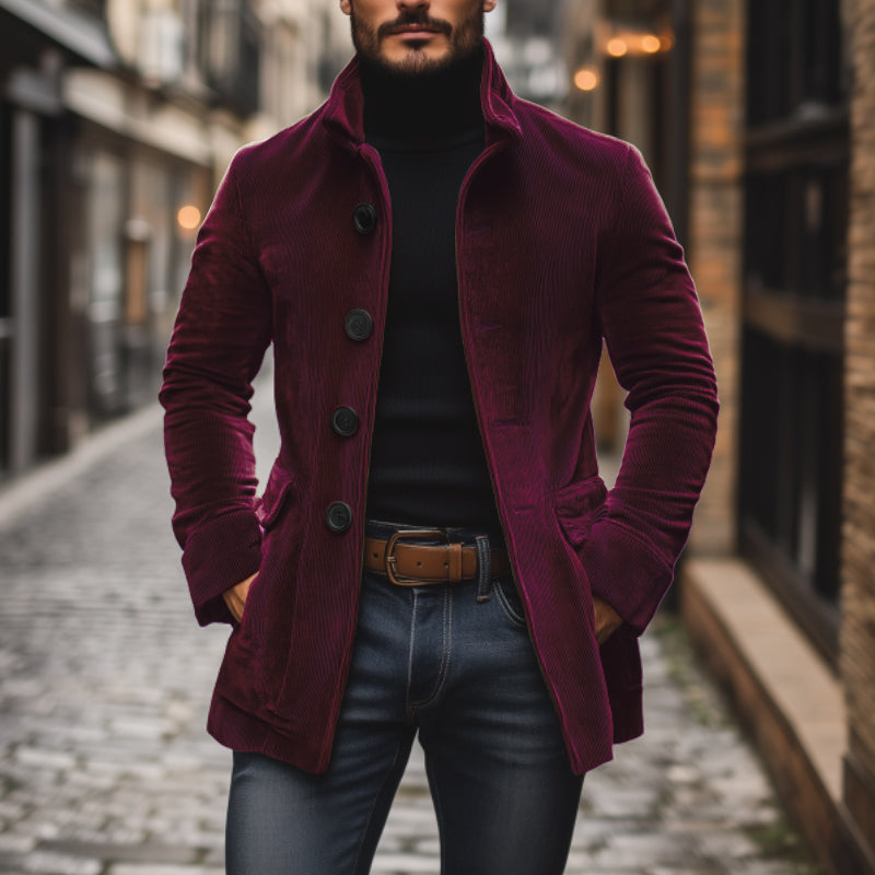 Men's Tailored Fit Corduroy Jacket with High Collar and Ribbed Texture
