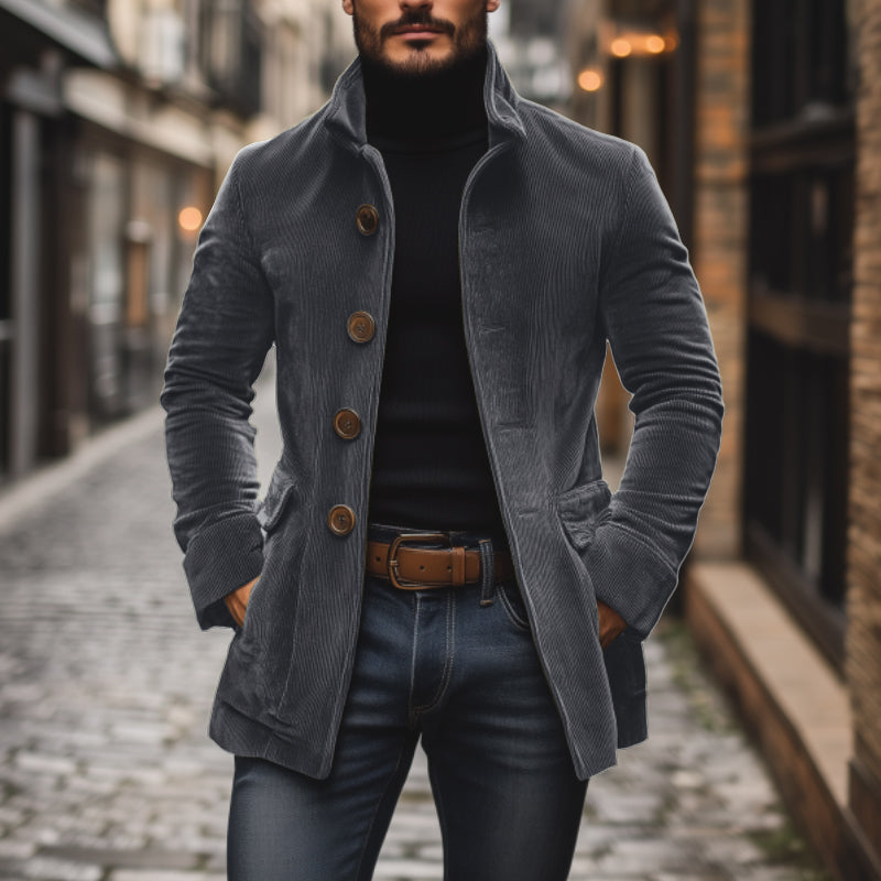 Men's Tailored Fit Corduroy Jacket with High Collar and Ribbed Texture
