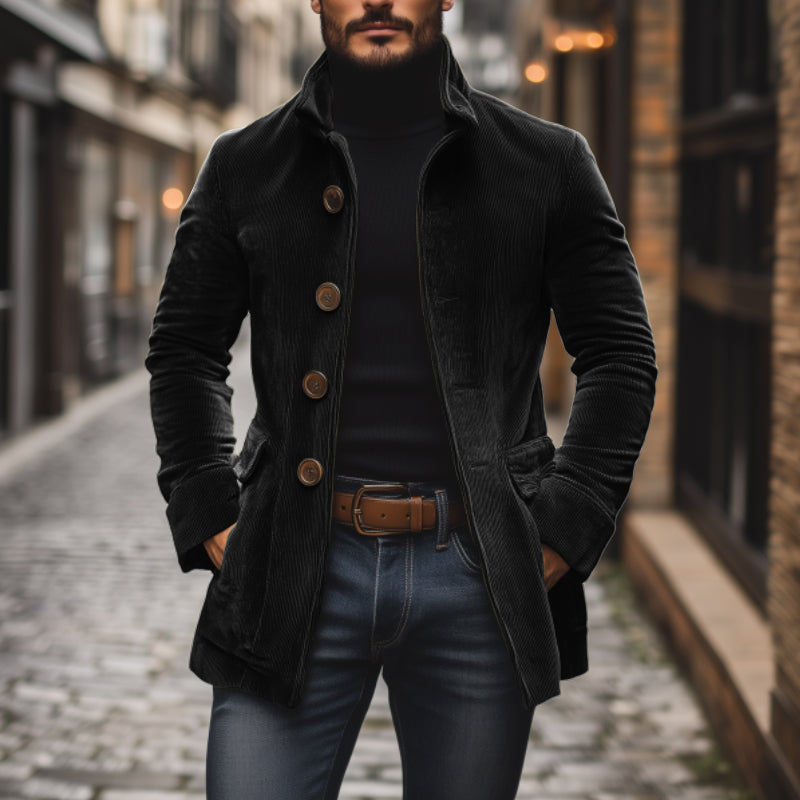 Men's Tailored Fit Corduroy Jacket with High Collar and Ribbed Texture