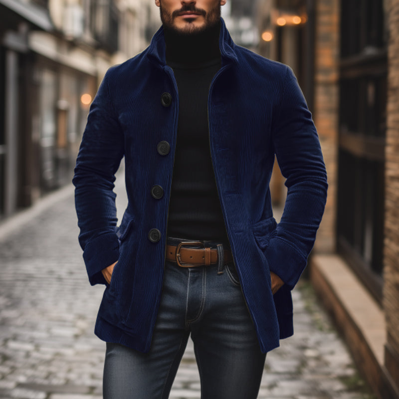 Men's Tailored Fit Corduroy Jacket with High Collar and Ribbed Texture