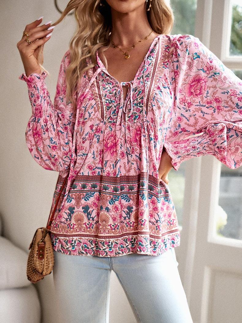 Women's Floral Tunic Top V-Neck Tie Long Sleeve