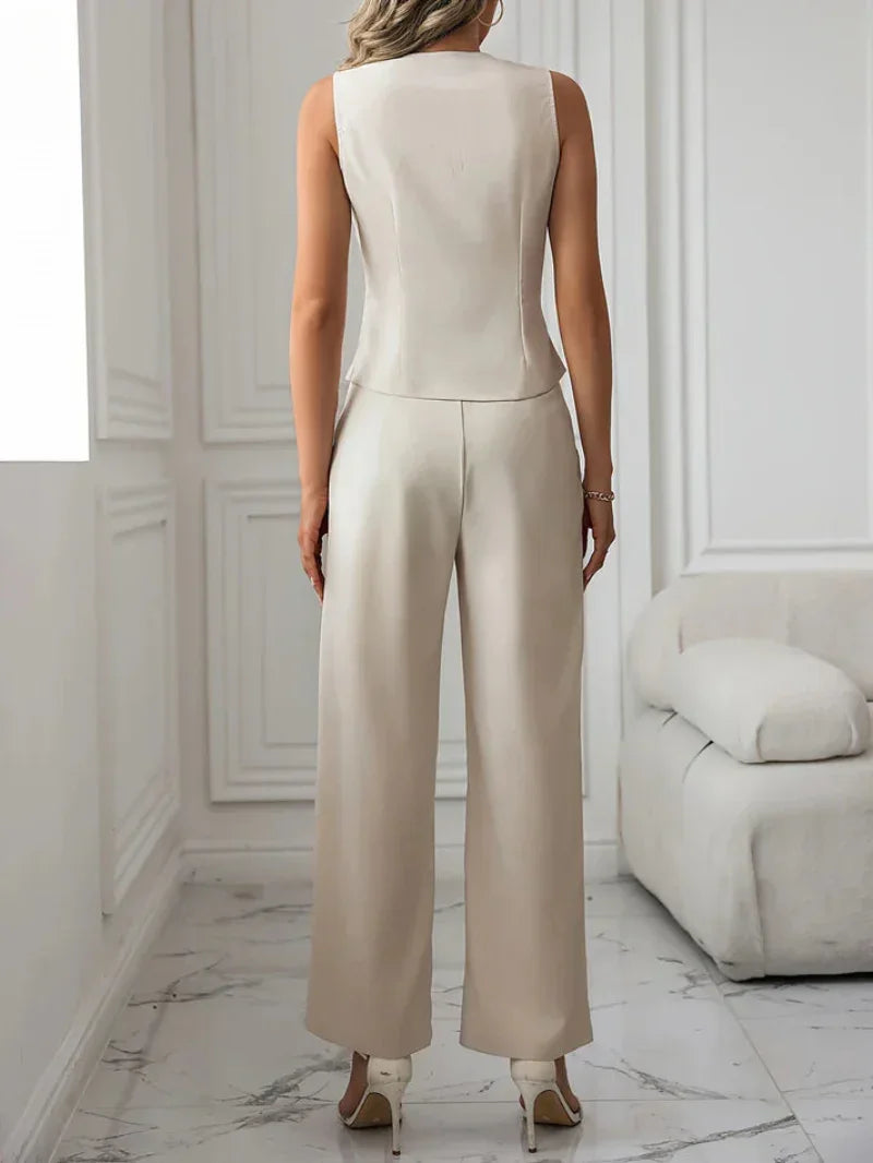 Women's Flare Leg Pants and Vest Set - Elegant Single Breasted Style for Winter