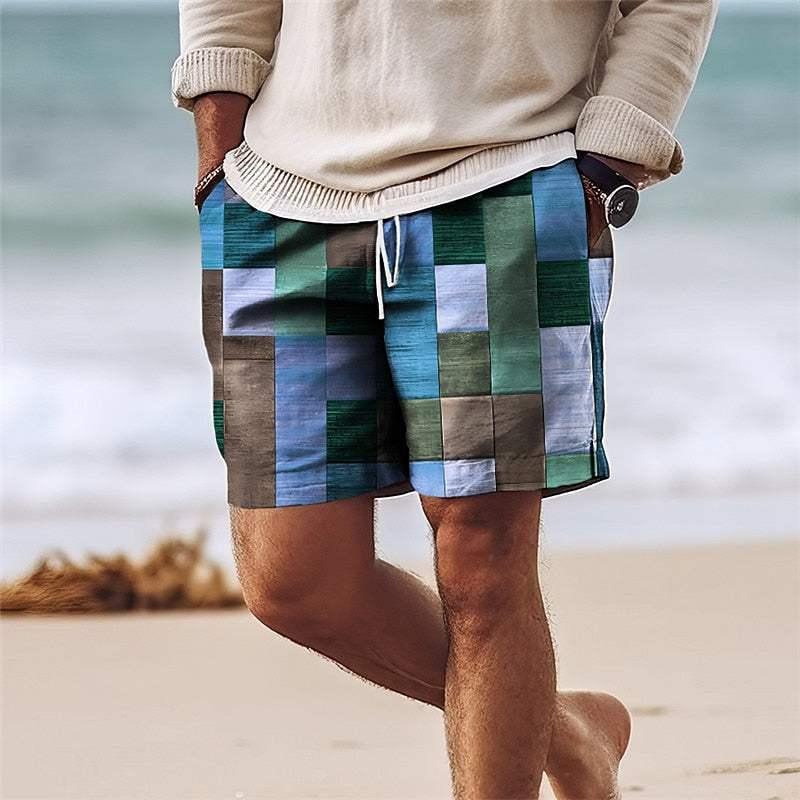Men’s Knee-Length Patchwork Shorts - Lightweight Elastic Waist with Drawstring