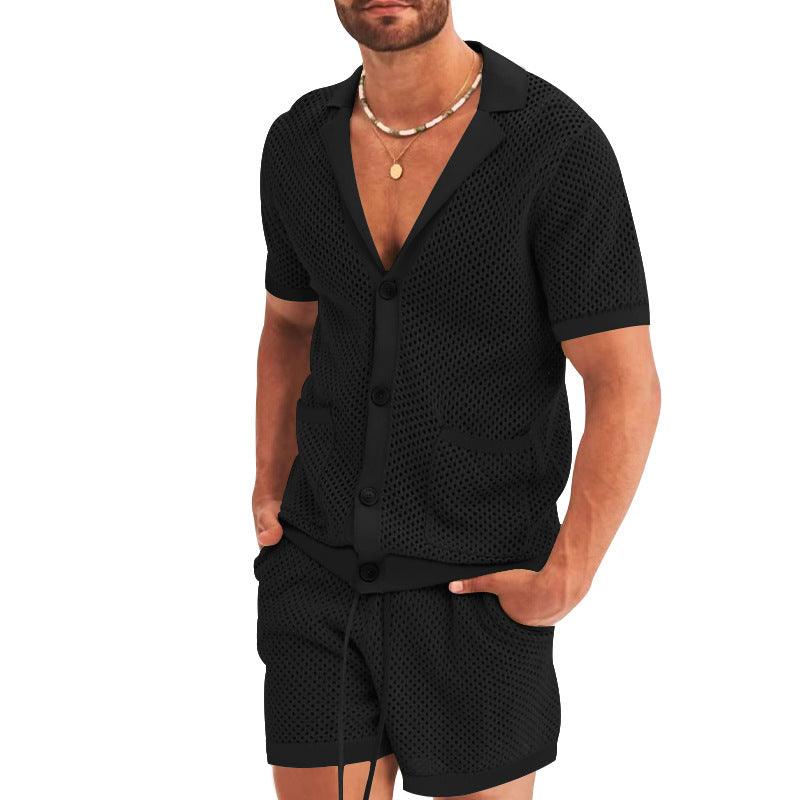 Men's Casual Hollow Short Sleeve Shirt and Shorts Set