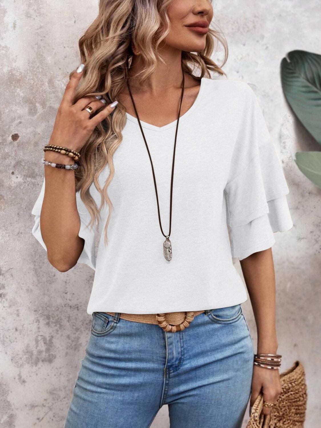 Women's V-Neck Blouse Ruffle Sleeve