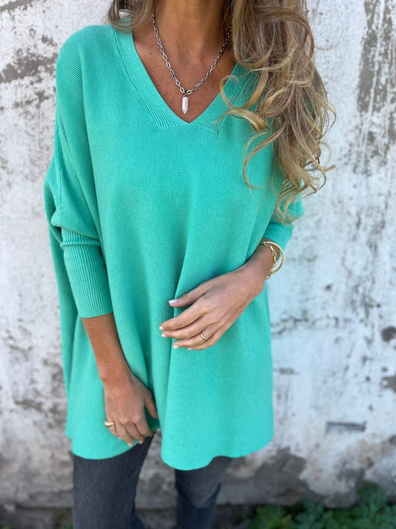 Women's V-Neck Oversized Shirt with Drop Shoulders and Long Sleeves