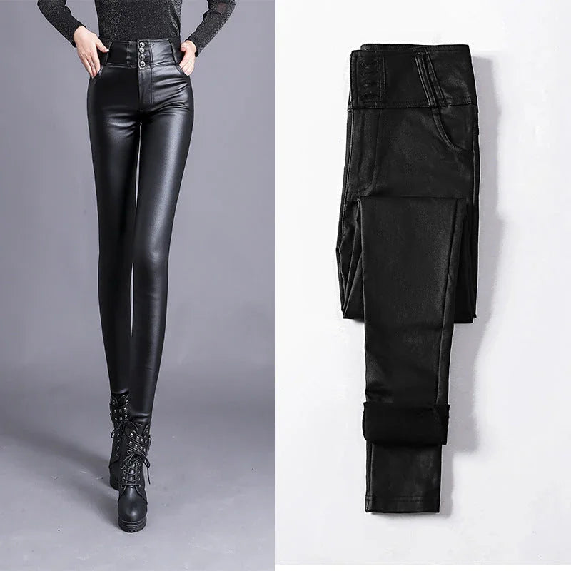 Women's Skinny Leather Trousers High-Waisted Button Front