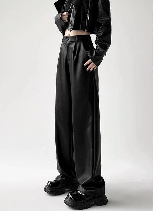 Women's Leather Wide-Leg Trousers - High-Waisted Tailored Fit with Pleated Design