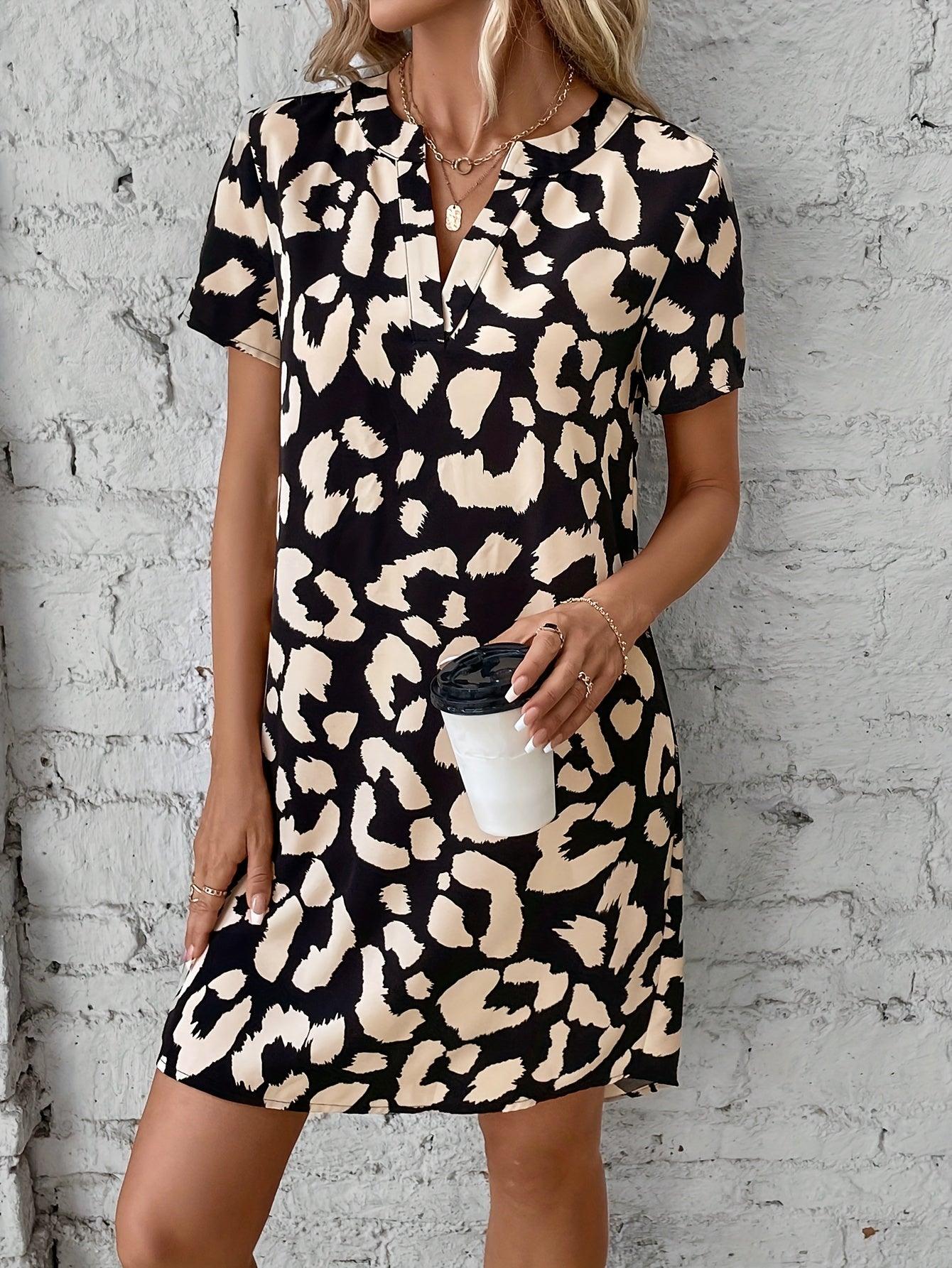 Women's V-Neck Leopard Print Dress with Short Sleeves
