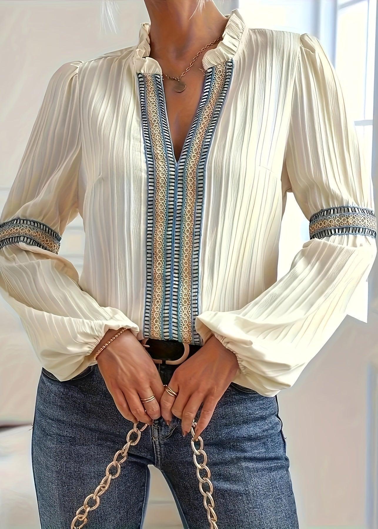 Women's Long-Sleeve Blouse with Pleats and Embroidered Trim