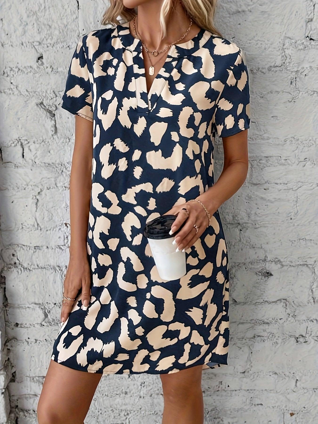 Women's V-Neck Leopard Print Dress with Short Sleeves