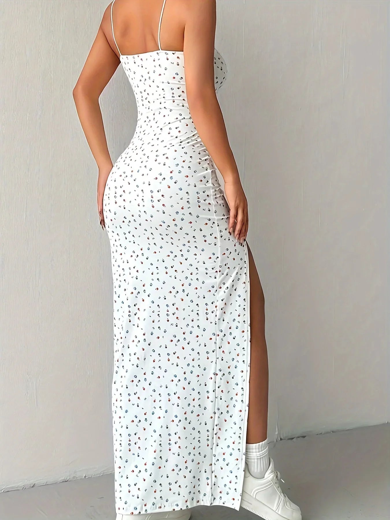 Women’s Maxi Dress – Fitted Silhouette – Spaghetti Straps – Side Slit – Patterned Fabric