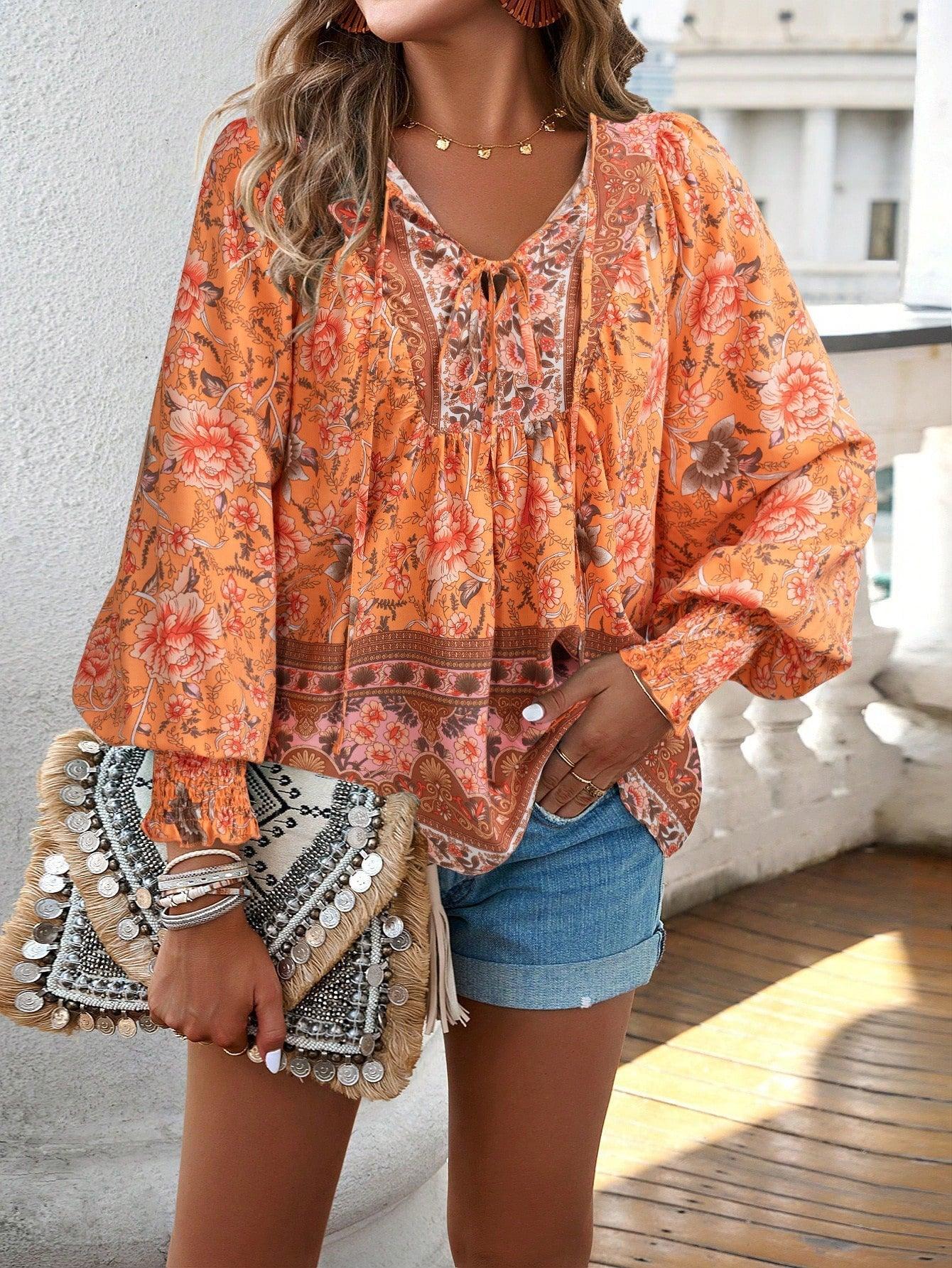 Women's Floral Tunic Top V-Neck Tie Long Sleeve