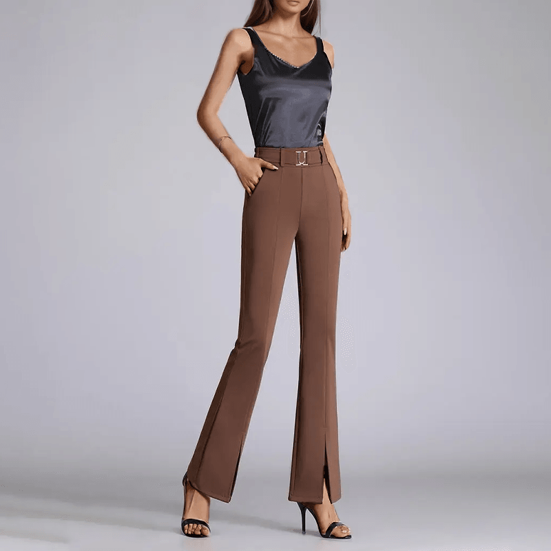 Women's High-Waisted Flared Trousers with Front Slit and Belted Design