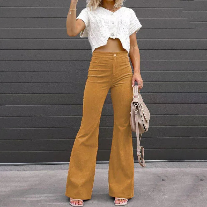 Women's High-Waisted Flared Trousers Soft Fabric Vintage Bell-Bottom