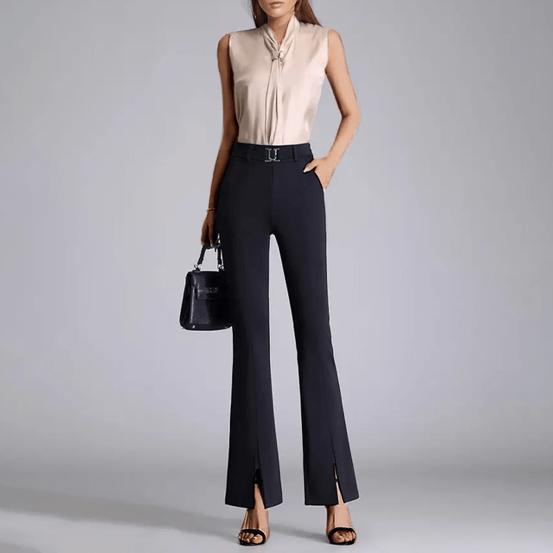 Women's High-Waisted Flared Trousers with Front Slit and Belted Design