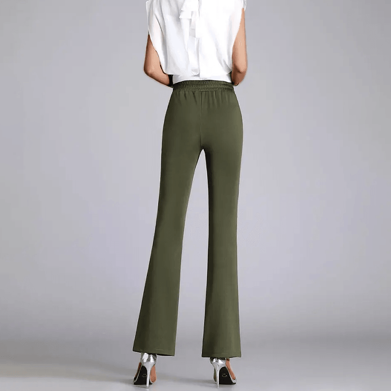 Women's High-Waisted Flared Trousers with Front Slit and Belted Design