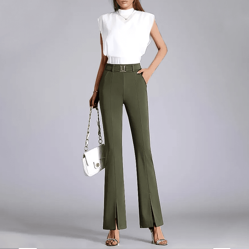 Women's High-Waisted Flared Trousers with Front Slit and Belted Design