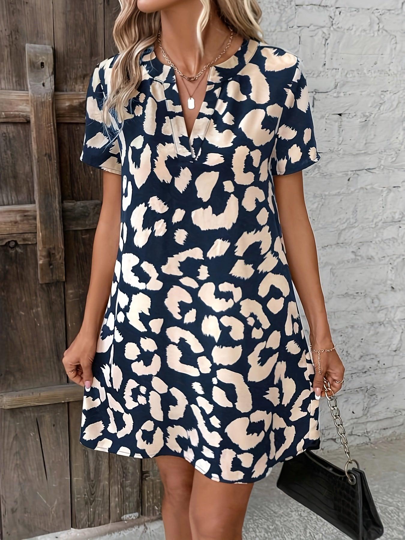 Women's V-Neck Leopard Print Dress with Short Sleeves