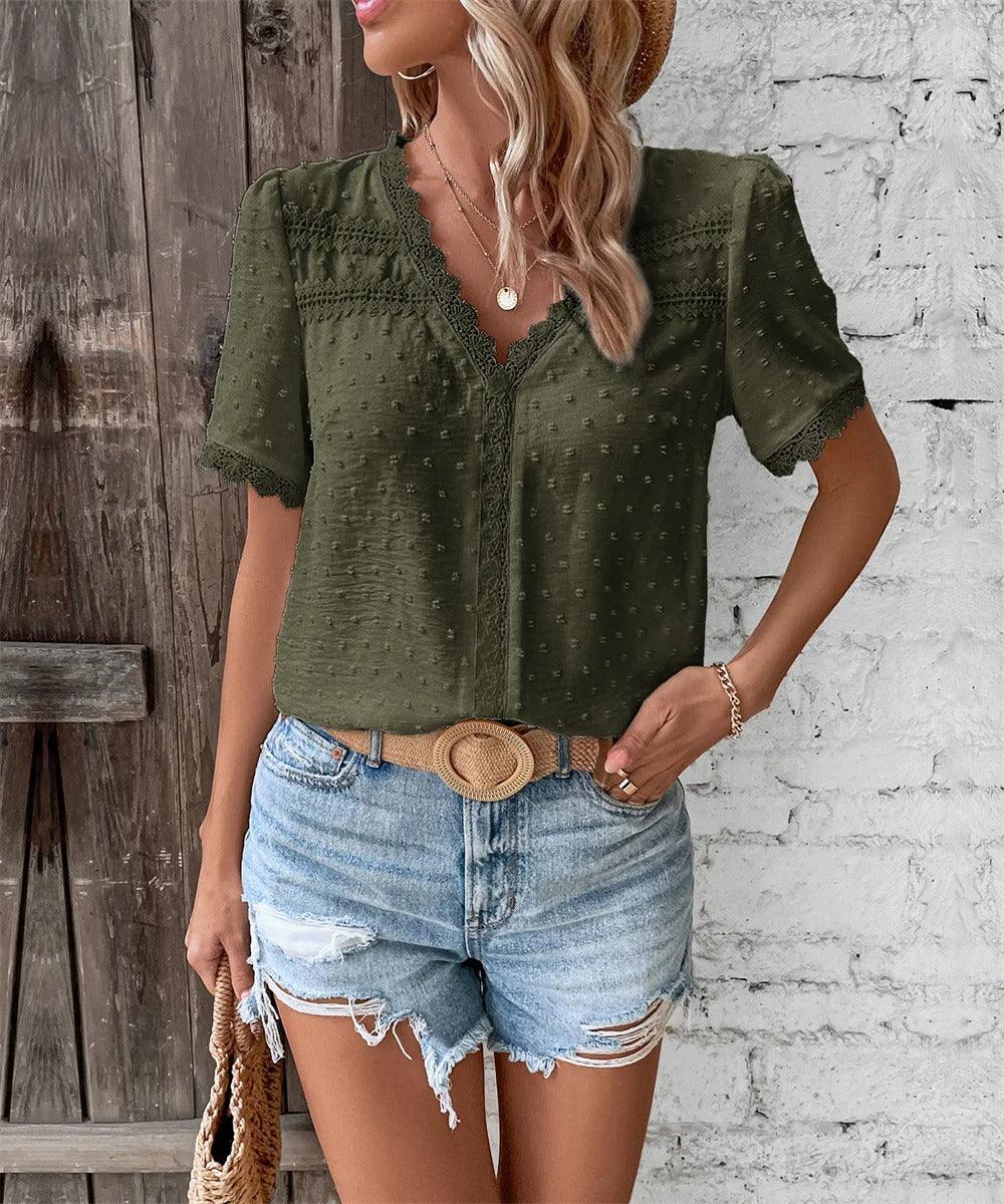 Women's V-Neck Lace-Trimmed Blouse with Textured Design