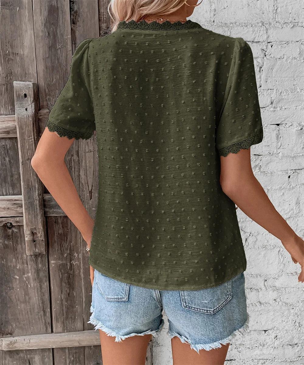Women's V-Neck Lace-Trimmed Blouse with Textured Design