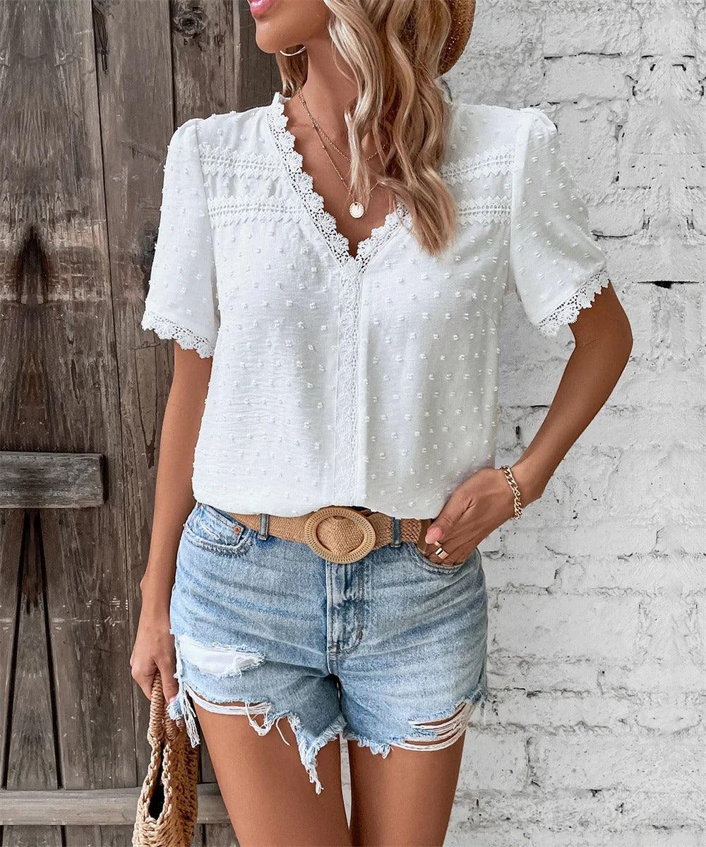 Women's V-Neck Lace-Trimmed Blouse with Textured Design