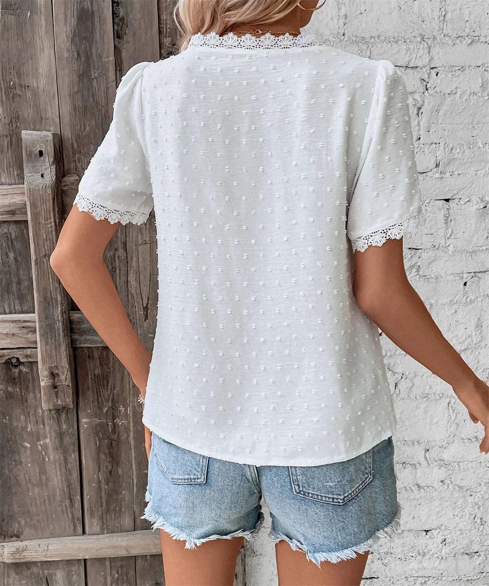 Women's V-Neck Lace-Trimmed Blouse with Textured Design