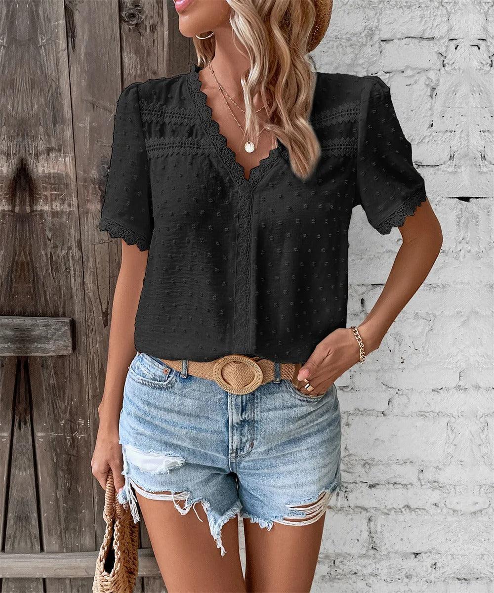 Women's V-Neck Lace-Trimmed Blouse with Textured Design