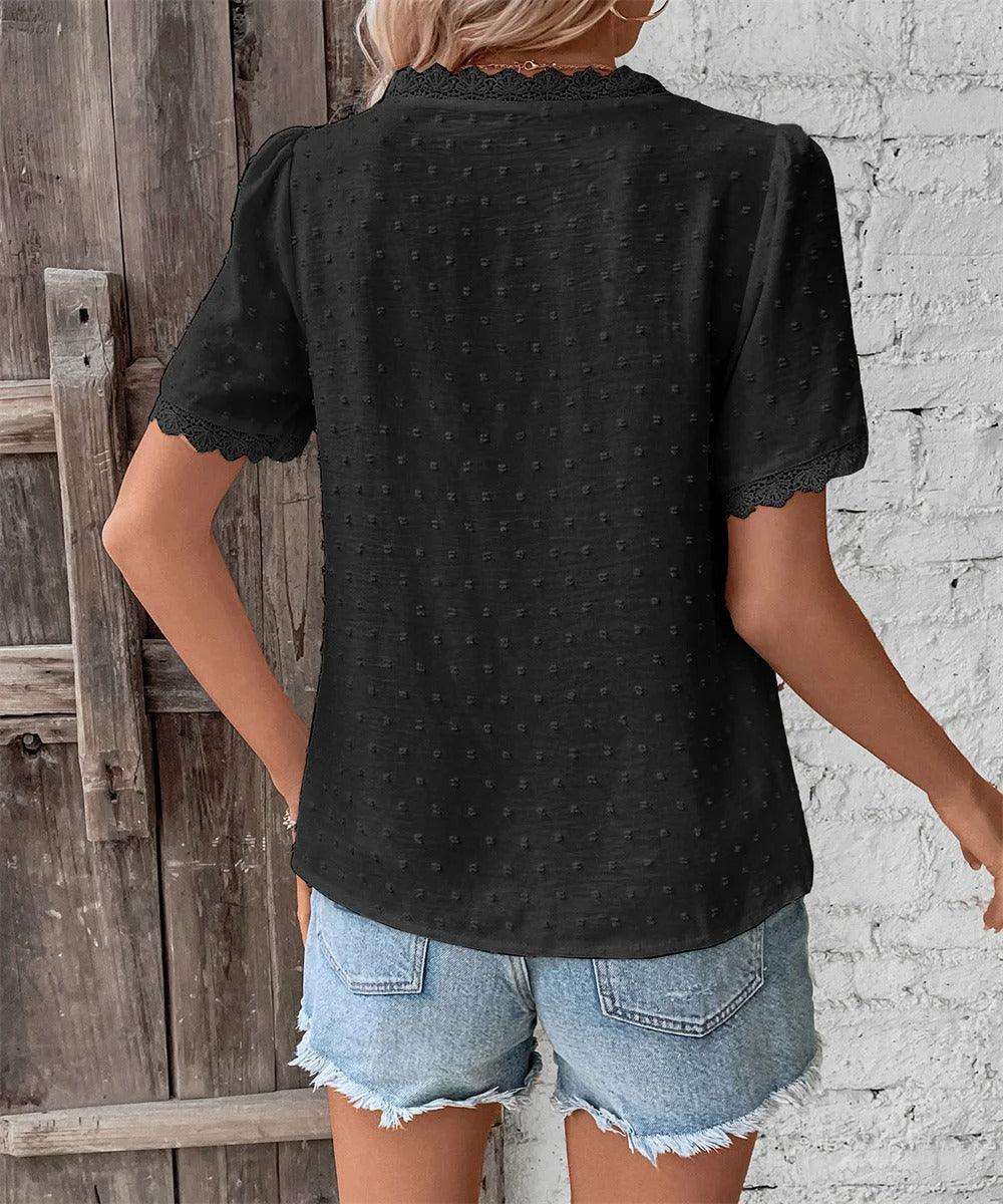 Women's V-Neck Lace-Trimmed Blouse with Textured Design