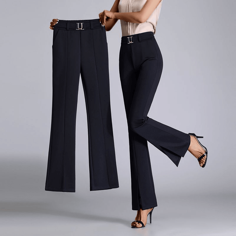 Women's High-Waisted Flared Trousers with Front Slit and Belted Design
