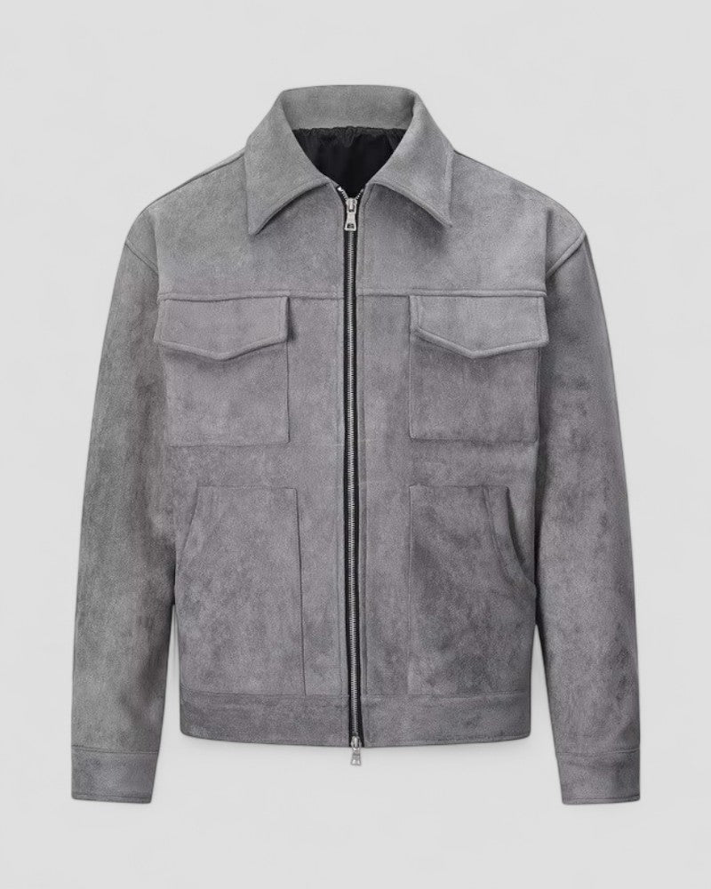 Men's Casual Jacket Suede Zip-Up with Pocket Detail