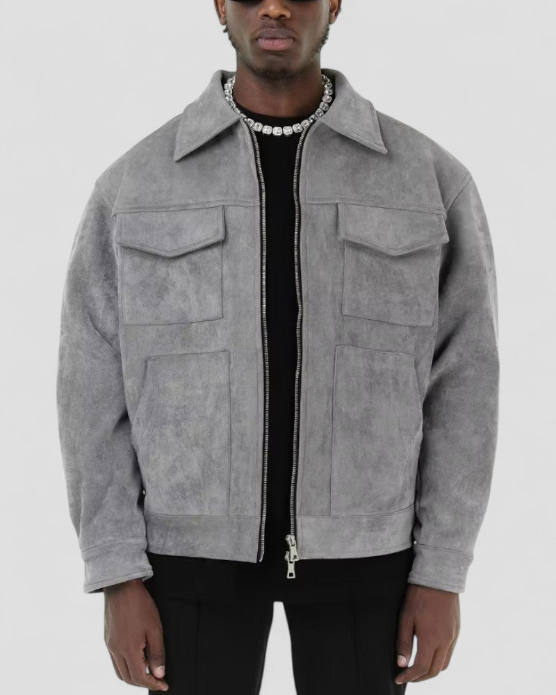Men's Casual Jacket Suede Zip-Up with Pocket Detail