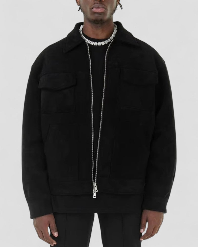 Men's Casual Jacket Suede Zip-Up with Pocket Detail