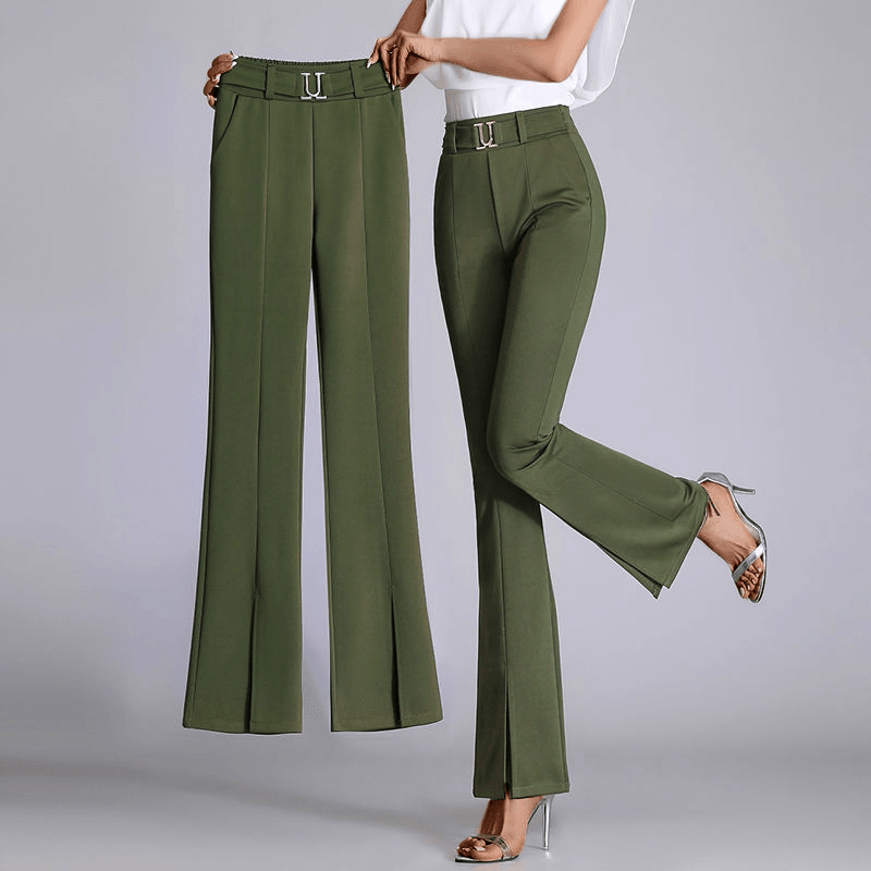 Women's High-Waisted Flared Trousers with Front Slit and Belted Design