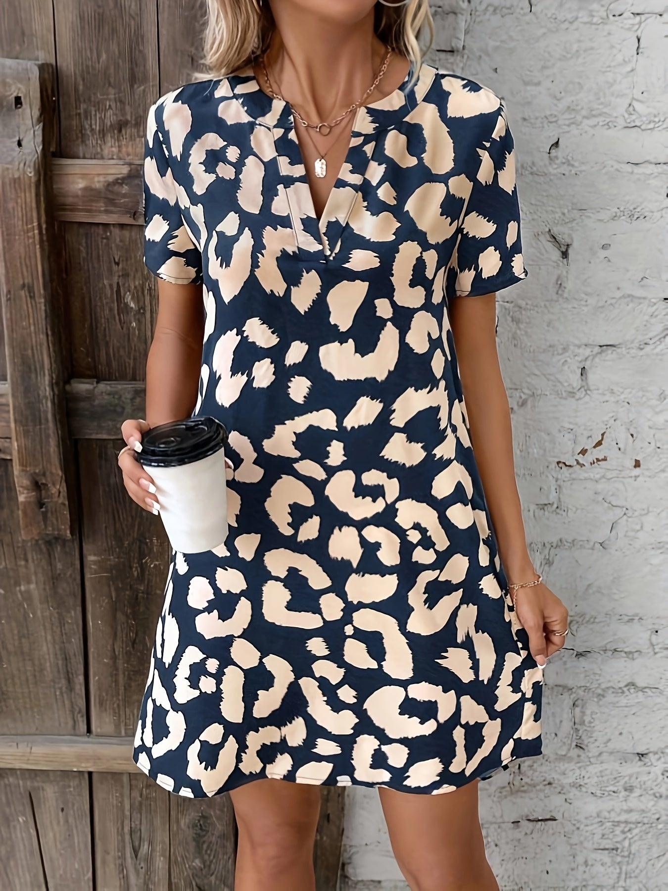 Women's V-Neck Leopard Print Dress with Short Sleeves