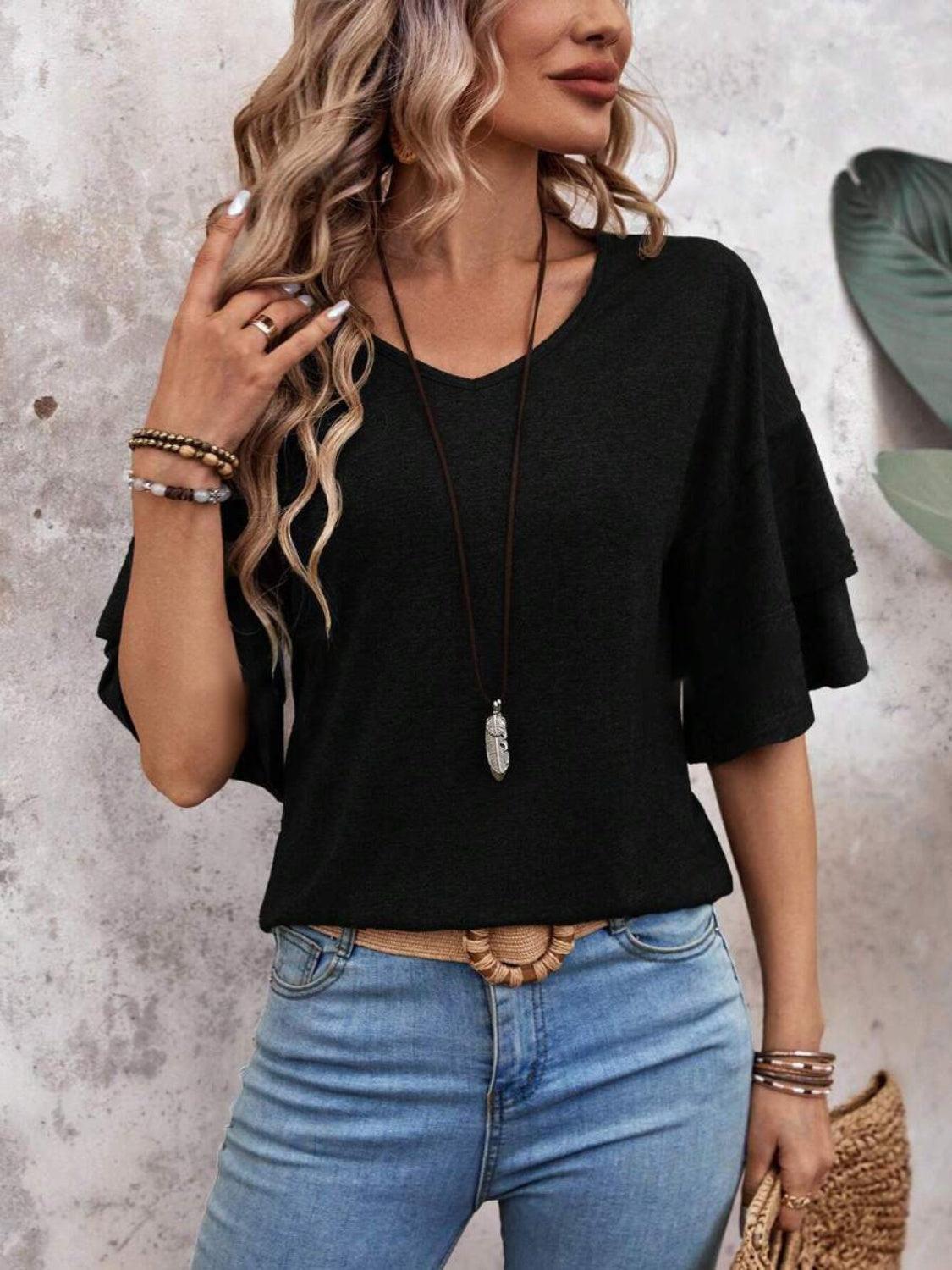 Women's V-Neck Blouse Ruffle Sleeve
