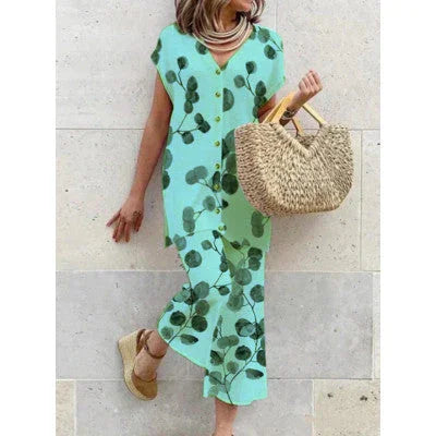 Women's Long Dress - V-Neck - Short Sleeve - Button Down - Botanical Print - Loose Fit