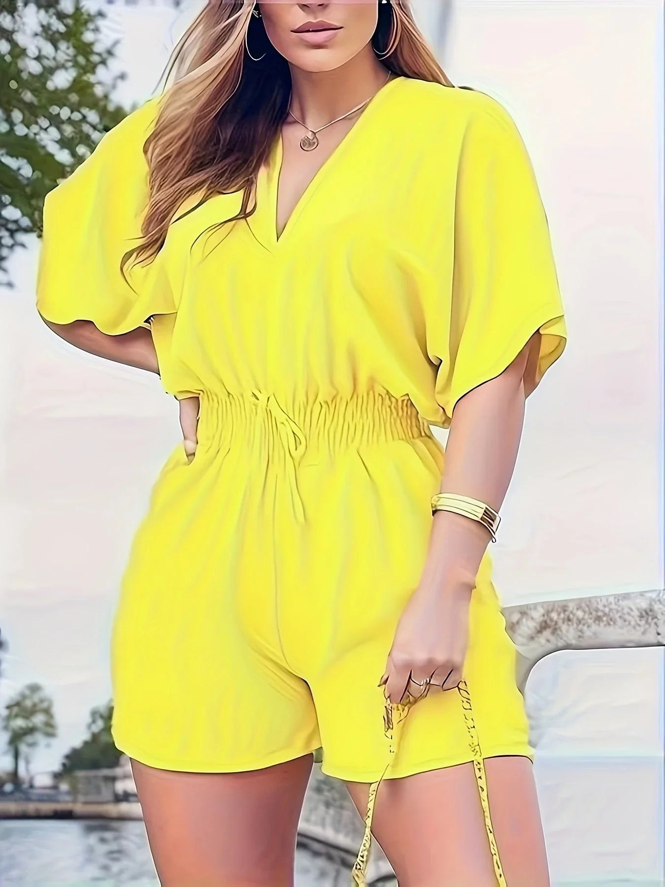Women's V-Neck Shirred Waist Romper