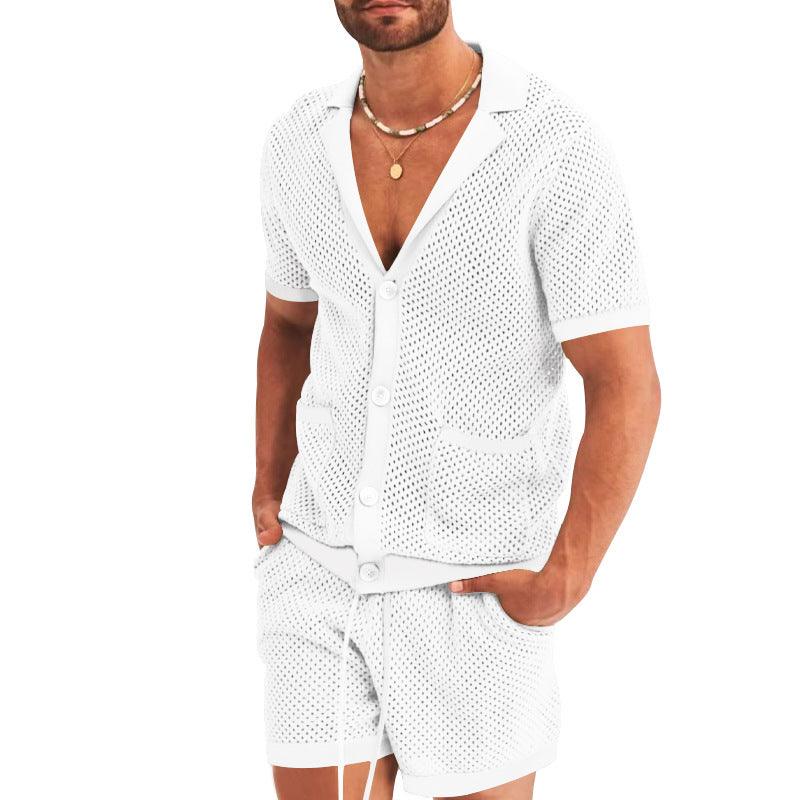 Men's Casual Hollow Short Sleeve Shirt and Shorts Set