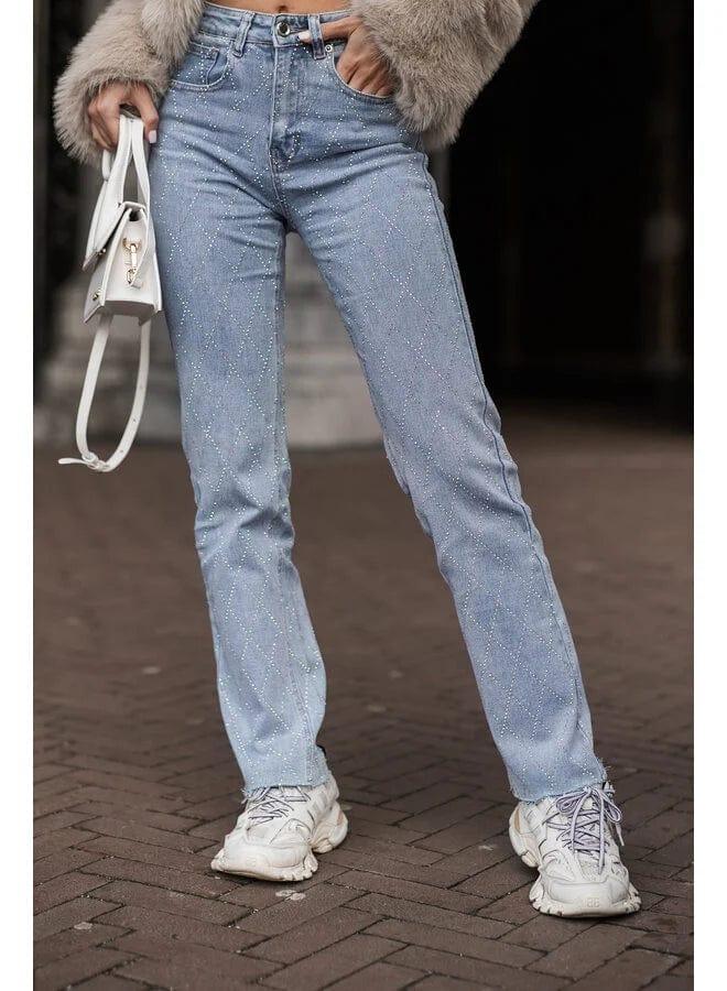 Women's Straight Leg Jeans Diamond Pattern Button Fly