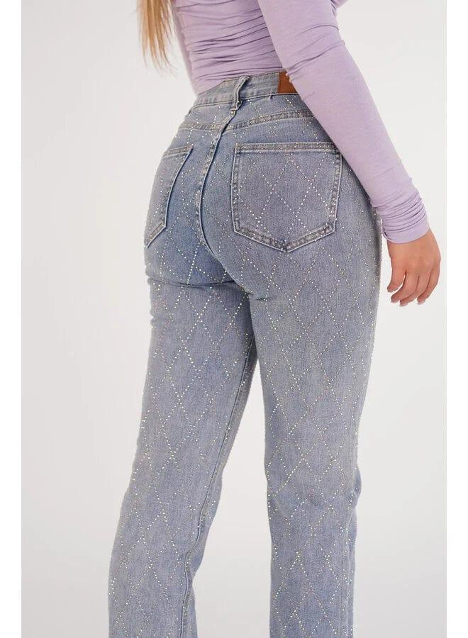 Women's Straight Leg Jeans Diamond Pattern Button Fly