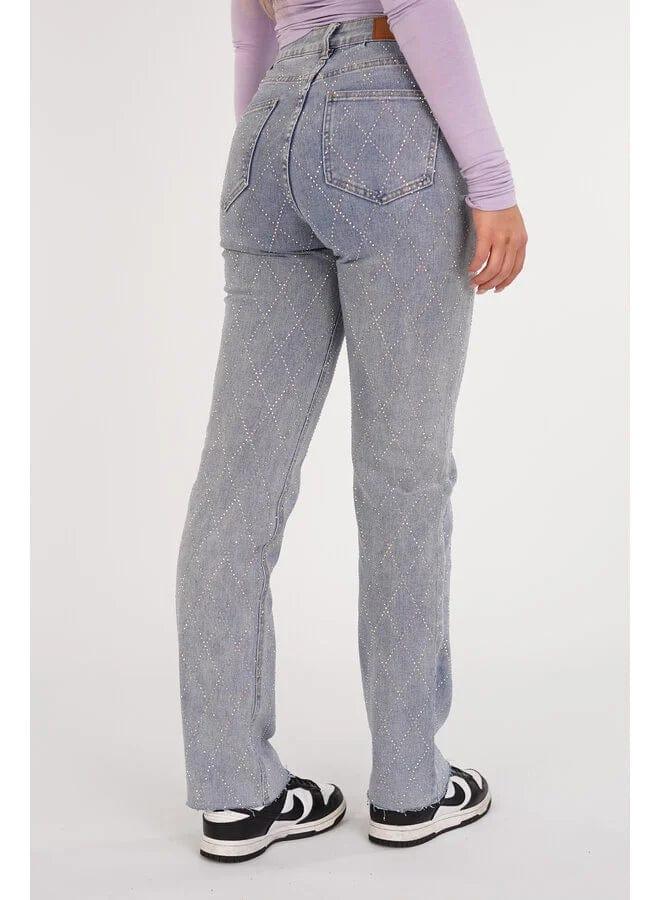 Women's Straight Leg Jeans Diamond Pattern Button Fly