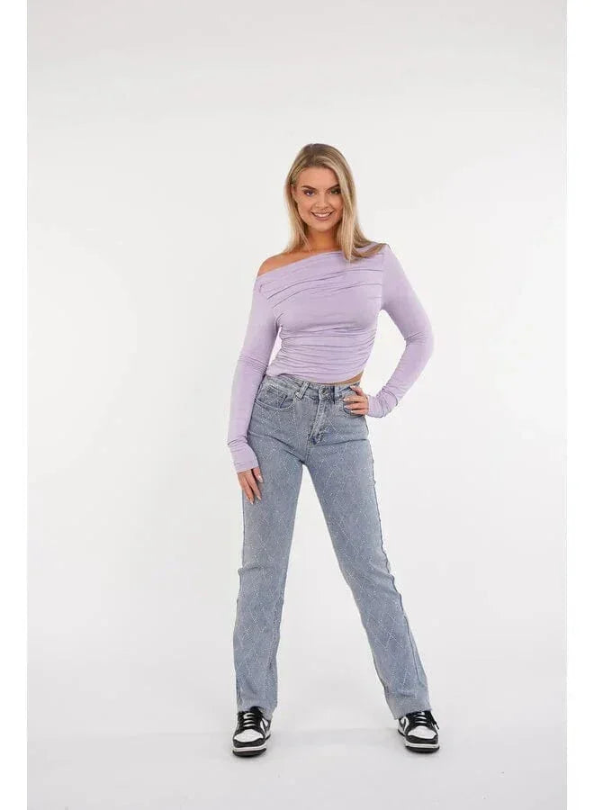 Women's Straight Leg Jeans Diamond Pattern Button Fly