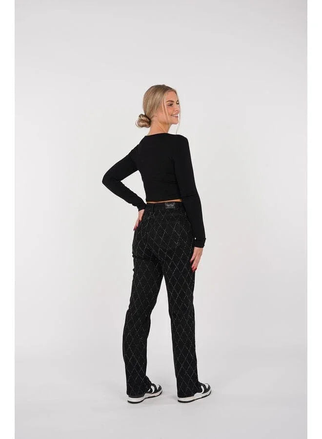 Women's Straight Leg Jeans Diamond Pattern Button Fly