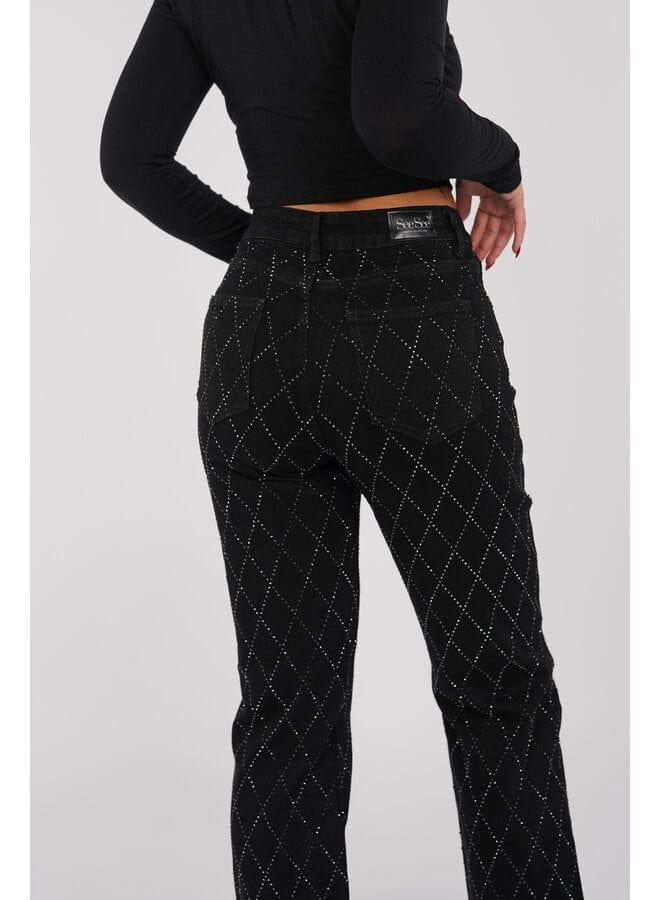 Women's Straight Leg Jeans Diamond Pattern Button Fly