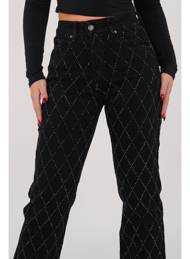 Women's Straight Leg Jeans Diamond Pattern Button Fly