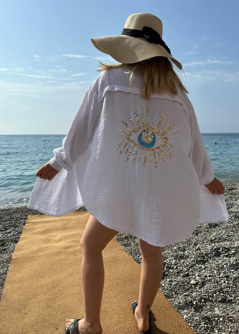 Women's Oversized Long Sleeve Shirt with Embroidery